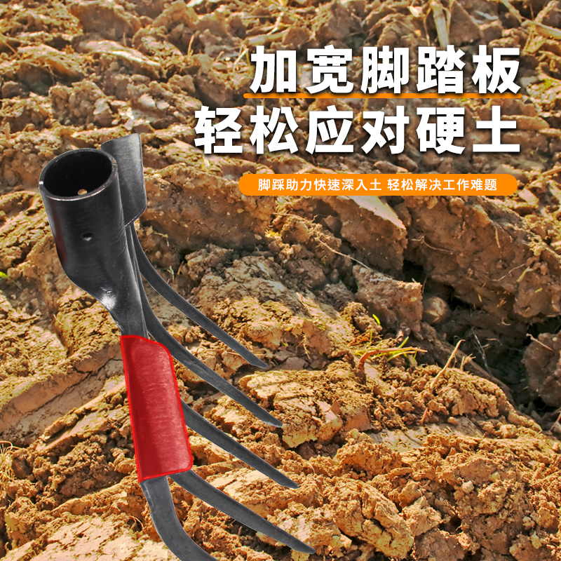 Four-Toothed All-Steel Fork for Loosening Soil, Five-Toothed Fork with Wooden Handle for Farming, Ginger Fork