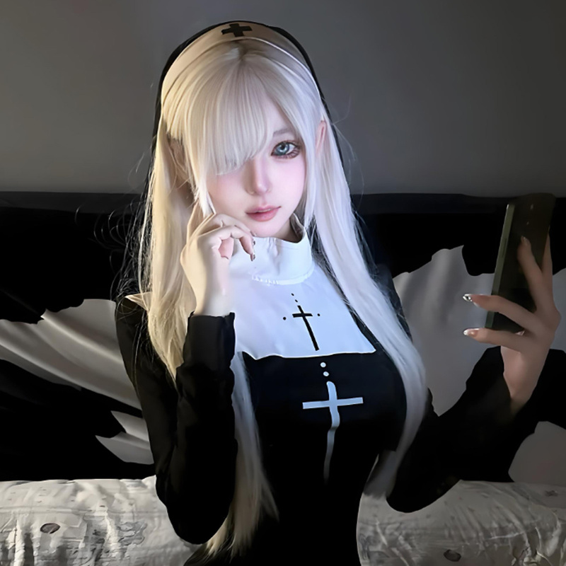 Halloween White Wig Female Gothic Lolita Long Straight Hair Cos Nun Bangs Daily Jk Full Head Wig Style Halloween White Wig Female Gothic Lolita Long Straight Hair Cos Nun Bangs Daily Jk Full Head Wig Style