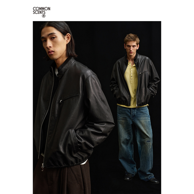 Common Scents「Racer Jacket」Washed Sheepskin Double Stand Collar Bomber Lining Genuine Leather Jacket Common Scents「Racer Jacket」Washed Sheepskin Double Stand Collar Bomber Lining Genuine Leather Jacket