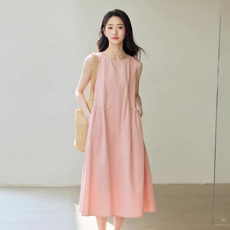 French-Style Platycodon Pink Sleeveless Vest Dress for Women, New Summer Style, Gentle Style, Petite Student Style Long Dress