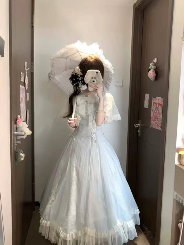 Japanese Style Aqua Wind Chime Dream Lolita Girl's Waist-Cinching Dress Princess Tutu Skirt Lolita Long Dress Japanese Style Aqua Wind Chime Dream Lolita Girl's Waist-Cinching Dress Princess Tutu Skirt Lolita Long Dress