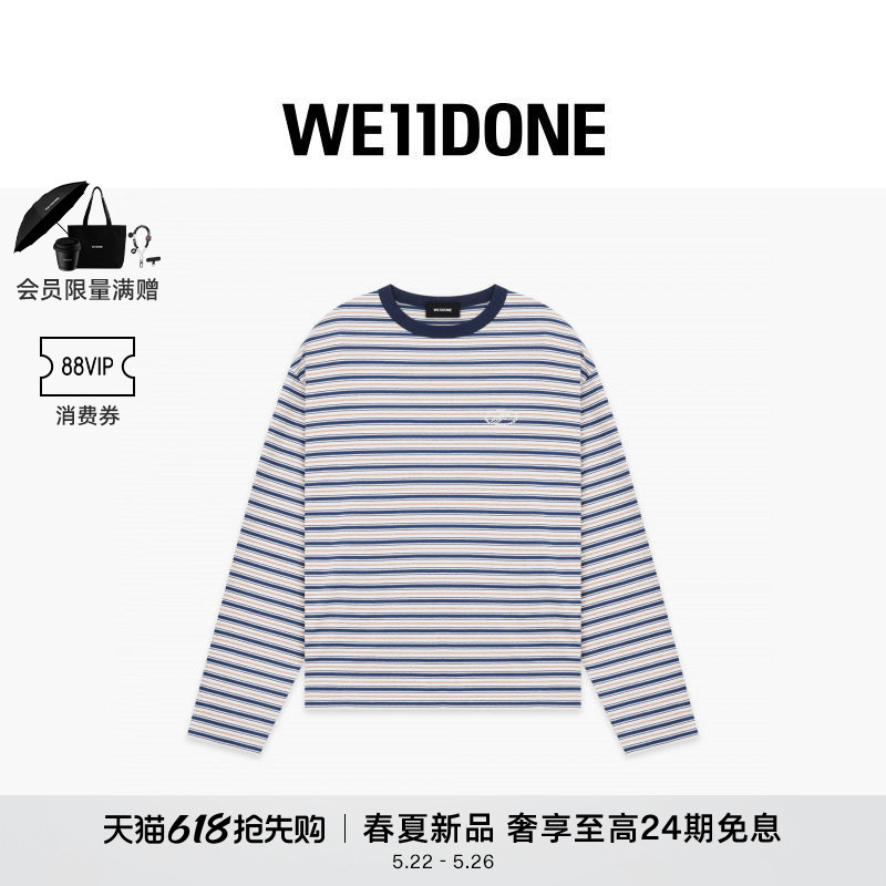 [Celebrity Style] We11Done26 Spring New Arrival Unisex Pearl Style Color-Block Striped T-Shirt