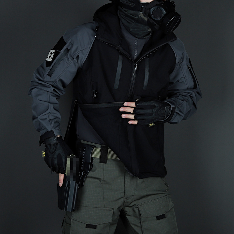 Black and Gray Industrial Style Assault Tactical Softshell Jacket for Men, Spring Windproof and Waterproof Softshell Jacket, Warm and Wear-Resistant Jacket Black and Gray Industrial Style Assault Tactical Softshell Jacket for Men, Spring Windproof and Waterproof Softshell Jacket, Warm and Wear-Resistant Jacket