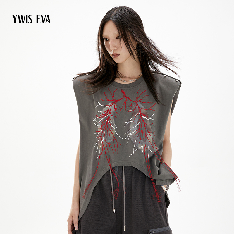Ywiseva Original Niche Subculture Gender-Neutral Blood-Red Fringe Sleeveless Vest Padded Shoulder T-Shirt Ywiseva Original Niche Subculture Gender-Neutral Blood-Red Fringe Sleeveless Vest Padded Shoulder T-Shirt