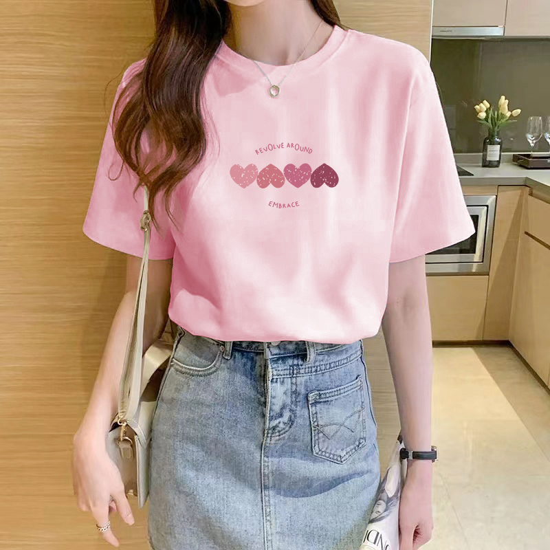 Pink Heart Pure Cotton Short-Sleeve T-Shirt for Women 2026 New Summer Design Niche Round Neck Loose Versatile Top