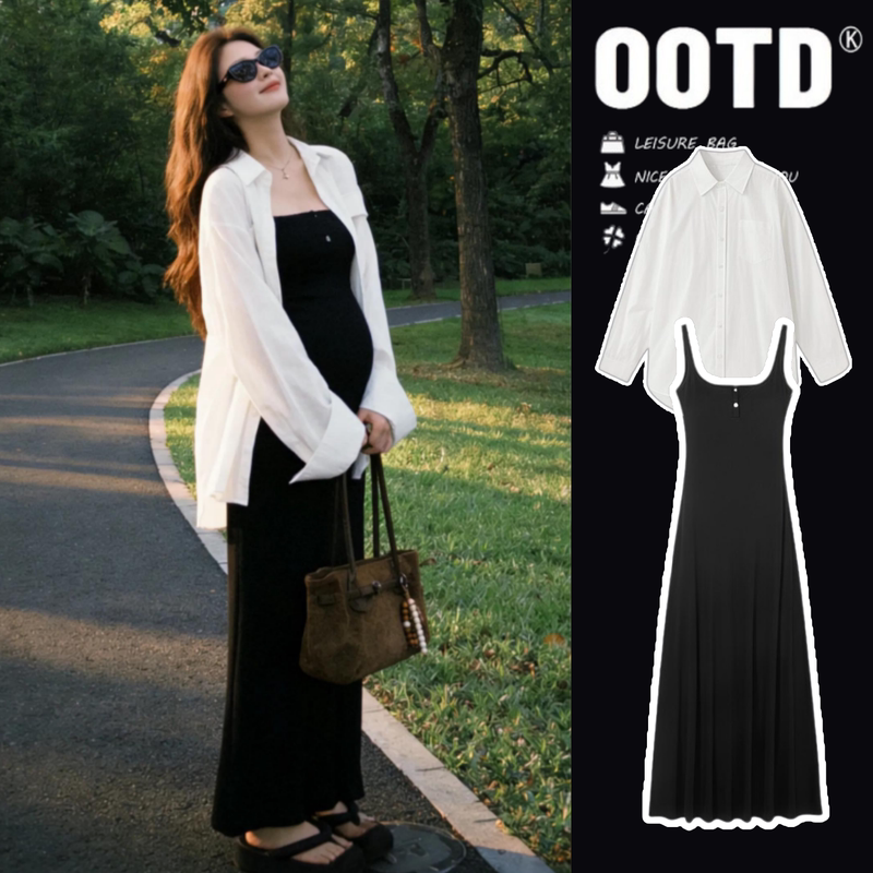 Maternity Wear Spring and Summer Suit, Lazy Style Elastic Tank Top Dress + White Shirt Two-Piece Set, Fashionable Maternity Dress Maternity Wear Spring and Summer Suit, Lazy Style Elastic Tank Top Dress + White Shirt Two-Piece Set, Fashionable Maternity Dress