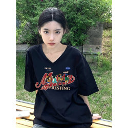 Black short -sleeved T -shirt women V -neck cotton loose tide brand American retro half -sleeved fat mm large size women's summer top