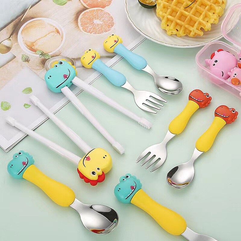 Cartoon 304 Stainless Steel Kidsren's Tableware Set Baby Eating Cartoon Dinosaur Rebound Training Chopsticks Fork and Spoon Set Cartoon 304 Stainless Steel Kidsren's Tableware Set Baby Eating Cartoon Dinosaur Rebound Training Chopsticks Fork and Spoon Set