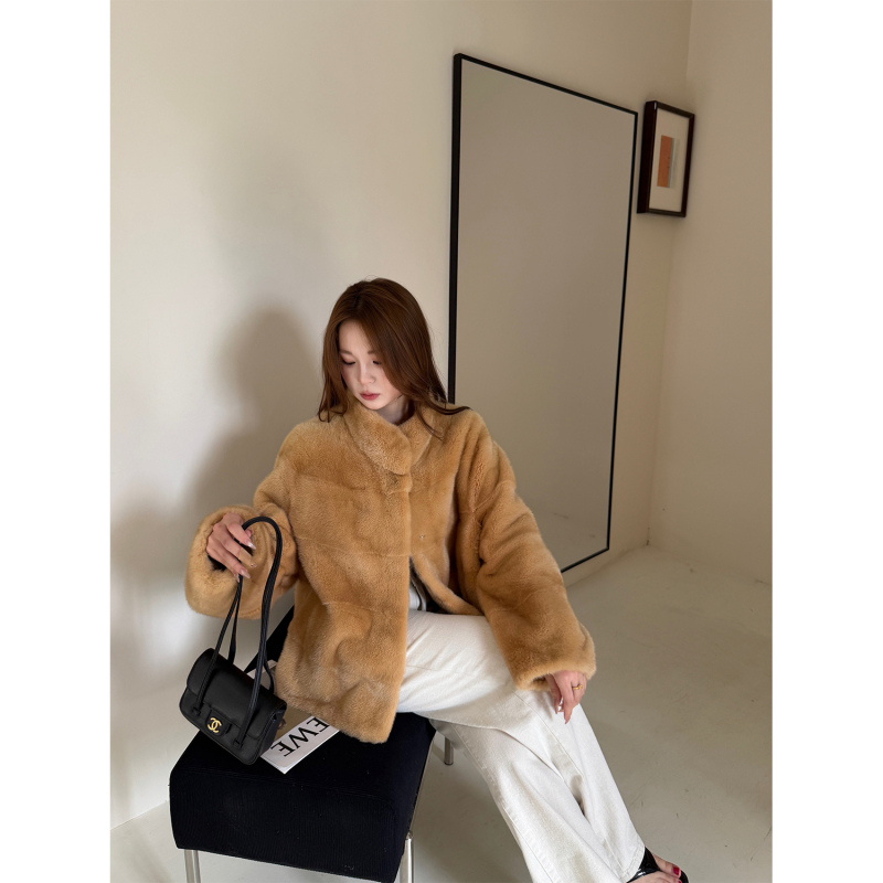 Sea Purple Label Velvet Mink Fur Women's Fur Coat Full Mink Fur Jacket with Horizontal Row Stand Collar for Women