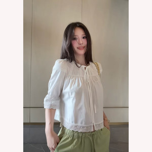French Retro Sweet and Spicy Pure Desire Style White Lace Shirt Women's Lace-Up Lace Blouse Summer New Top