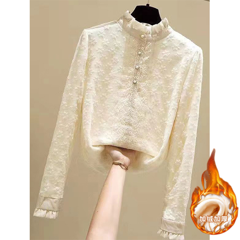 Women's Base Layer Shirt for Autumn and Winter, Fleece-Lined, New 2026 Popular Style, Elegant Blouse with Stand Collar and Lace, Fashionable Top