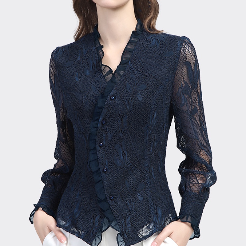 Spring and Summer V-Neck Mesh Lace Blouse for Women, Long-Sleeved Versatile Shirt, Stylish Hollow-Out Slim-Fit Ruffled Top Spring and Summer V-Neck Mesh Lace Blouse for Women, Long-Sleeved Versatile Shirt, Stylish Hollow-Out Slim-Fit Ruffled Top