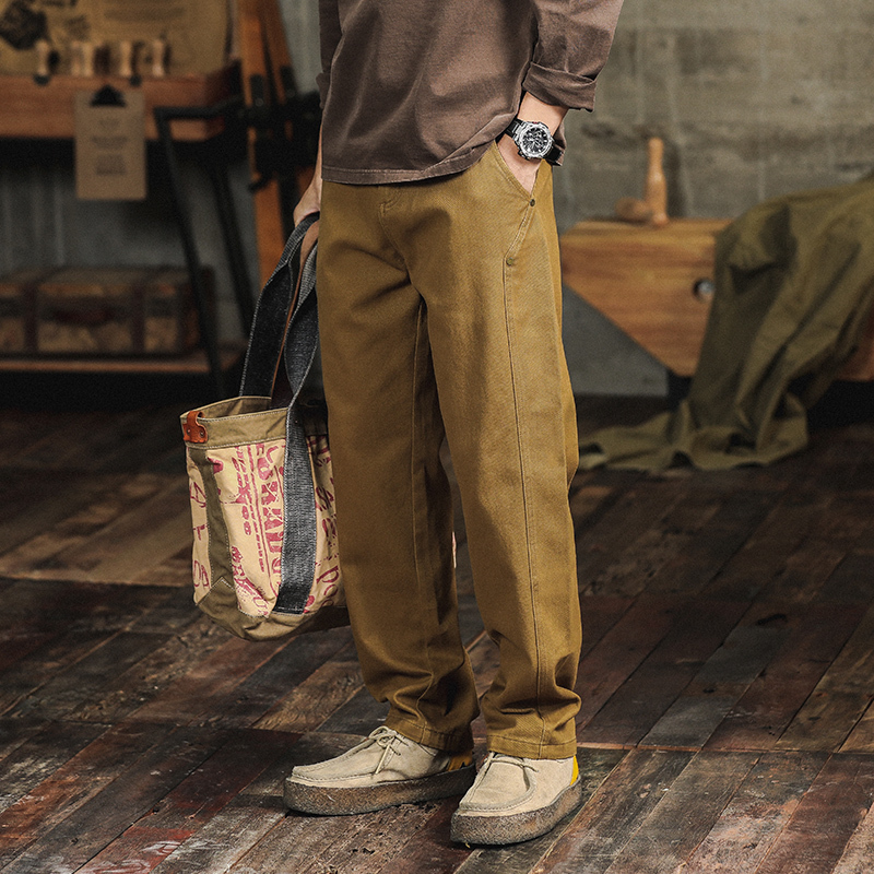 American Retro Heavy-Duty Straight-Leg Work Casual Pants for Men, Amekaji Durable Chino Pants, Khaki Trousers