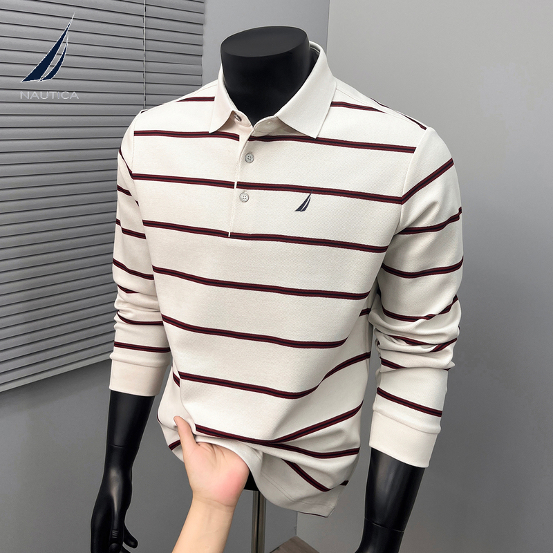 Nautica Men's Long-Sleeved Polo Shirt Autum Stripesd Lapel Light Luxury Casual T-Shirt Cotton Top Nautica Men's Long-Sleeved Polo Shirt Autum Stripesd Lapel Light Luxury Casual T-Shirt Cotton Top