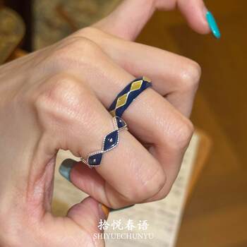 Retro french blue geometric diamond open ring for women