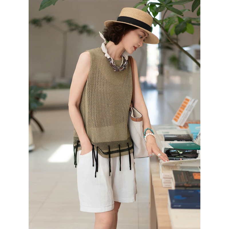 Silk Lyocell and Paper Yarn Hollow-Out Knit Fringe Vest T-Shirt for Women, Summer Sheer Design Elegant Top