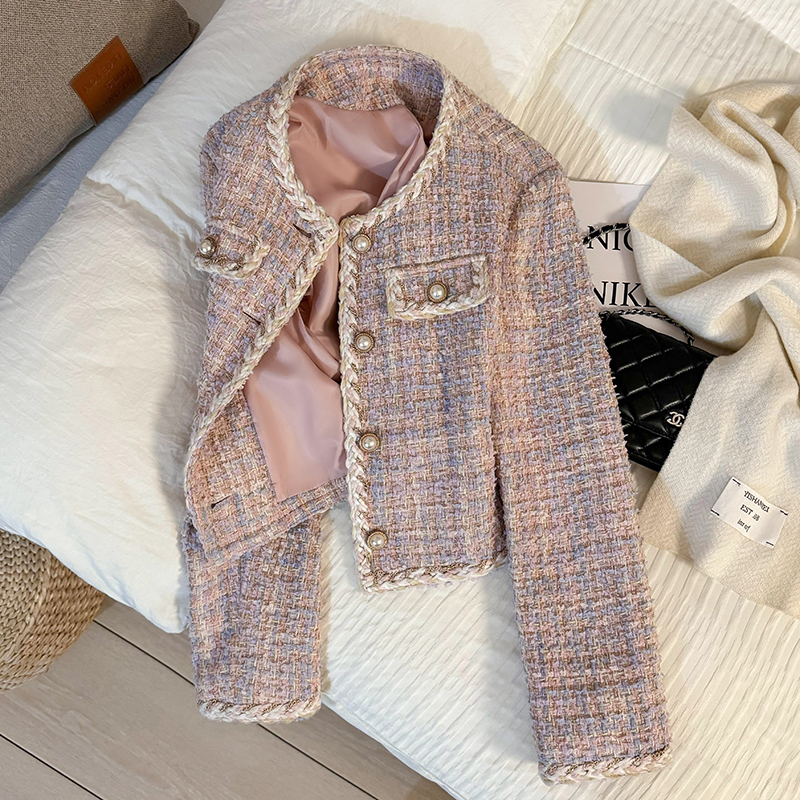Purple-Pink Exquisite Socialite-Style Short Tweed Jacket for Women, 2026 Autumn and Winter New Fashion Versatile Top