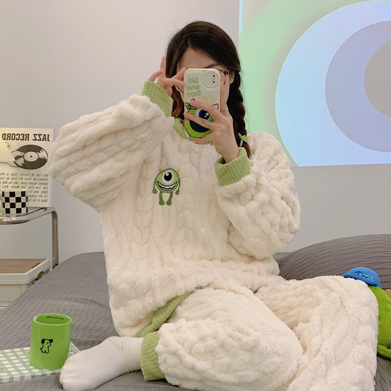 Flannel Pajamas Winter Women's Long-Sleeved Fleece-Lined Thickened Cartoon Student Loose Coral Velvet Home Wear Women's Set