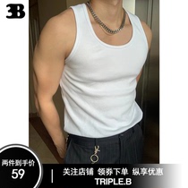 2024 New Heavy Threaded Threaded Cotton Vest White Round Neck Sleeveless T-Shirt Fitness Show Big American Style Waistcoat