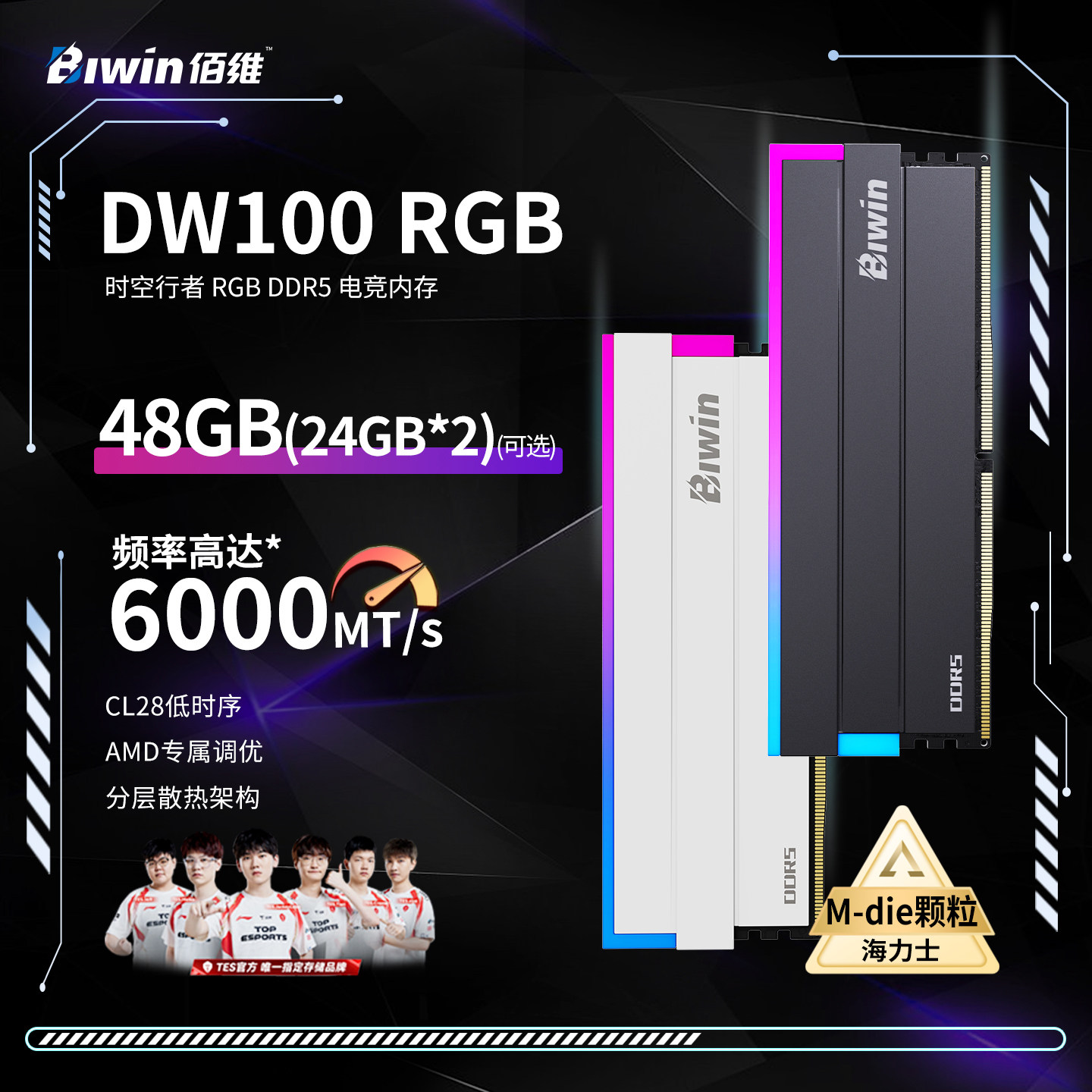 Панель памяти Baiwei DW100 DDR5 для настольных ПК RGB 16G * 2/24G * 2, установленная на 6000 частотах синхронизации c28 Изображение 1