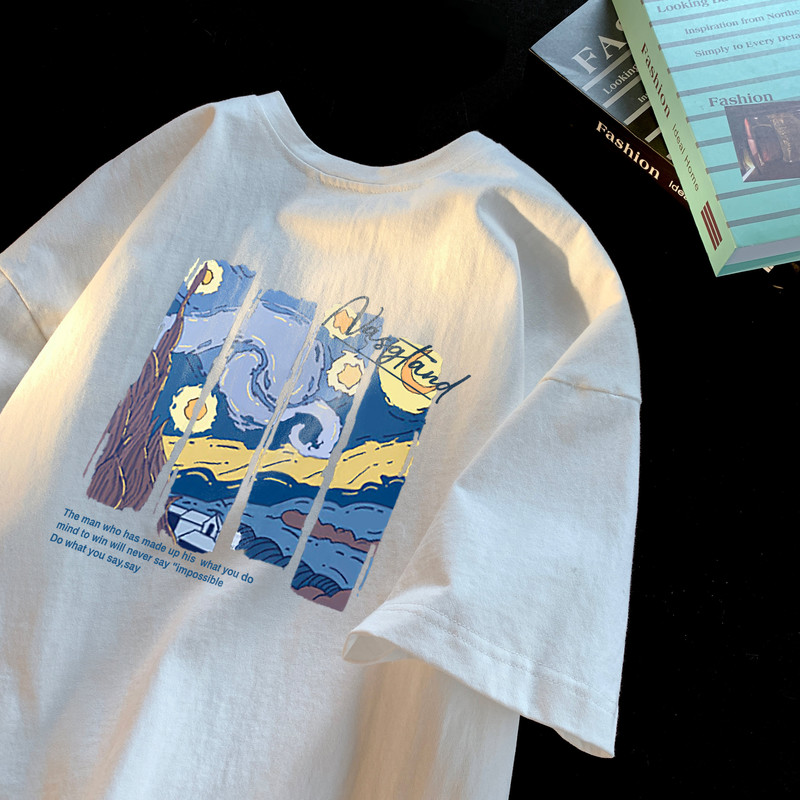 Boys' Short-Sleeved T-Shirt Van Gogh's Starry Night Pure Cotton High-Quality Original Children's Summer Clothing Half-Sleeve Summer T-Shirt