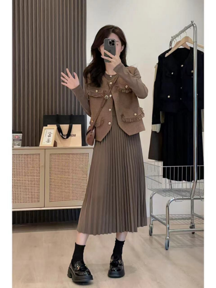 小香风马甲套装大码胖MM连衣裙