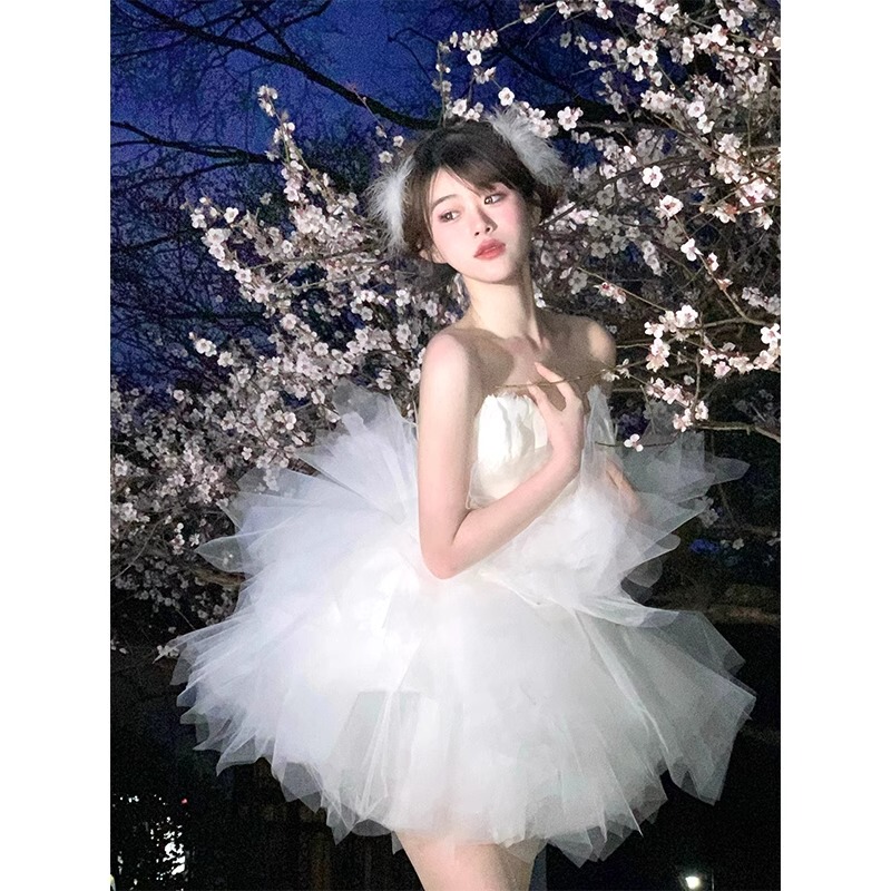 White Swan Princess Coming-Of-Age Ceremony Dress Strapless Dress Women's Heavy Craft Feather Fairy Birthday Party Puffy Dress