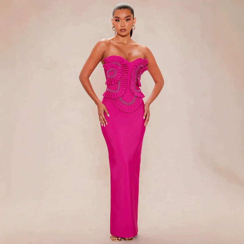 European and American Style Strapless Sleeveless Pleated Waist-Cinching Bandage Dress for Women, Hand-Beaded Embellishment, Elegant Socialite-Style Gown European and American Style Strapless Sleeveless Pleated Waist-Cinching Bandage Dress for Women, Hand-Beaded Embellishment, Elegant Socialite-Style Gown