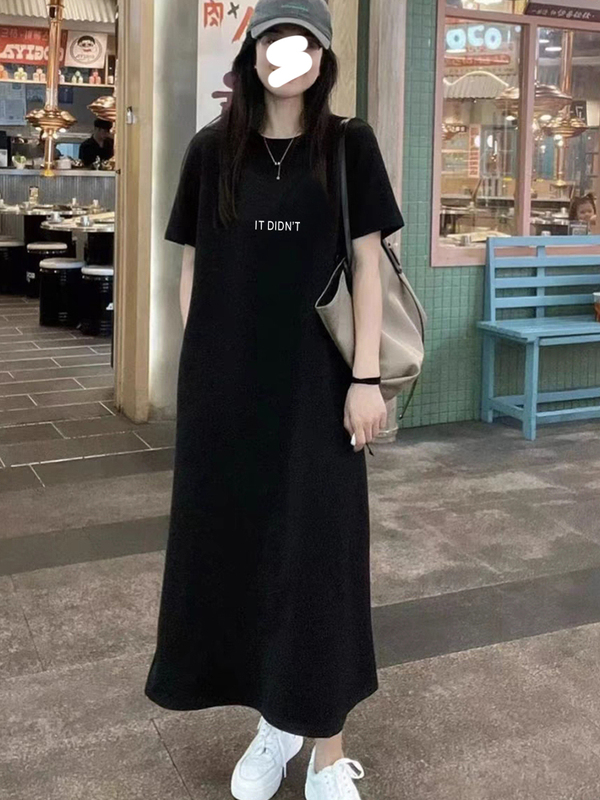 Long Over-The-Knee Short-Sleeved T-Shirt Dress for Women 2025 Summer New Loose Large Size Belly-Covering Pure Cotton Long Skirt
