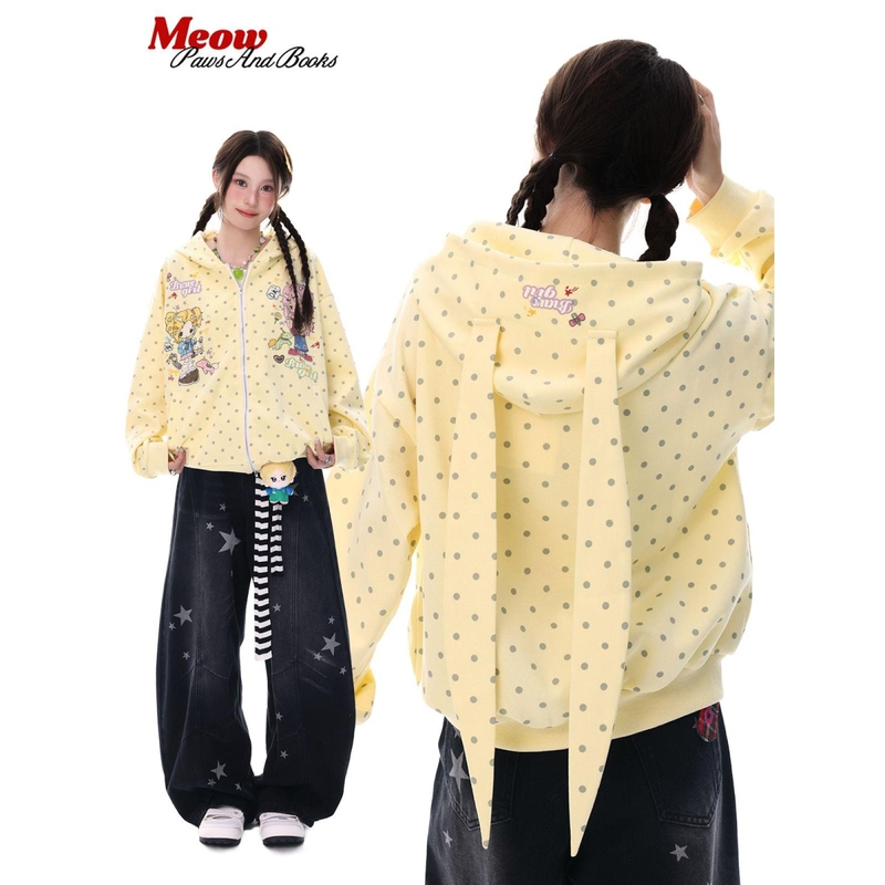 Cat and Evening Study Retro-Style Bunny Ear Polka Dot Hoodie with Fun Illustrations, Sweet and Cool Light Hoodie Trend