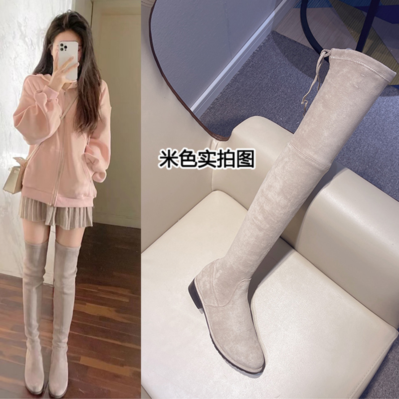 High-End Elastic Over-The-Knee Boots, Flat-Soled Long Boots for Women, Mid-Heel Slim Boots, Versatile High Boots That Don'T Slip Off, Internet Celebrity Hot Item