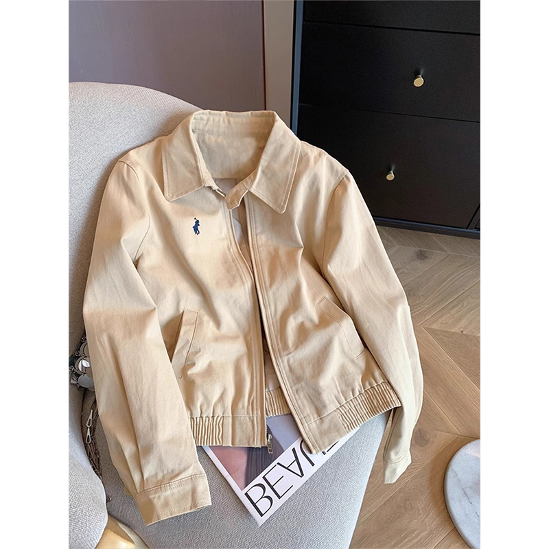 American Retro Casual Embroidered Polo Collar Jacket for Men and Women, Spring and Autumn Design, Versatile Workwear Jacket Top