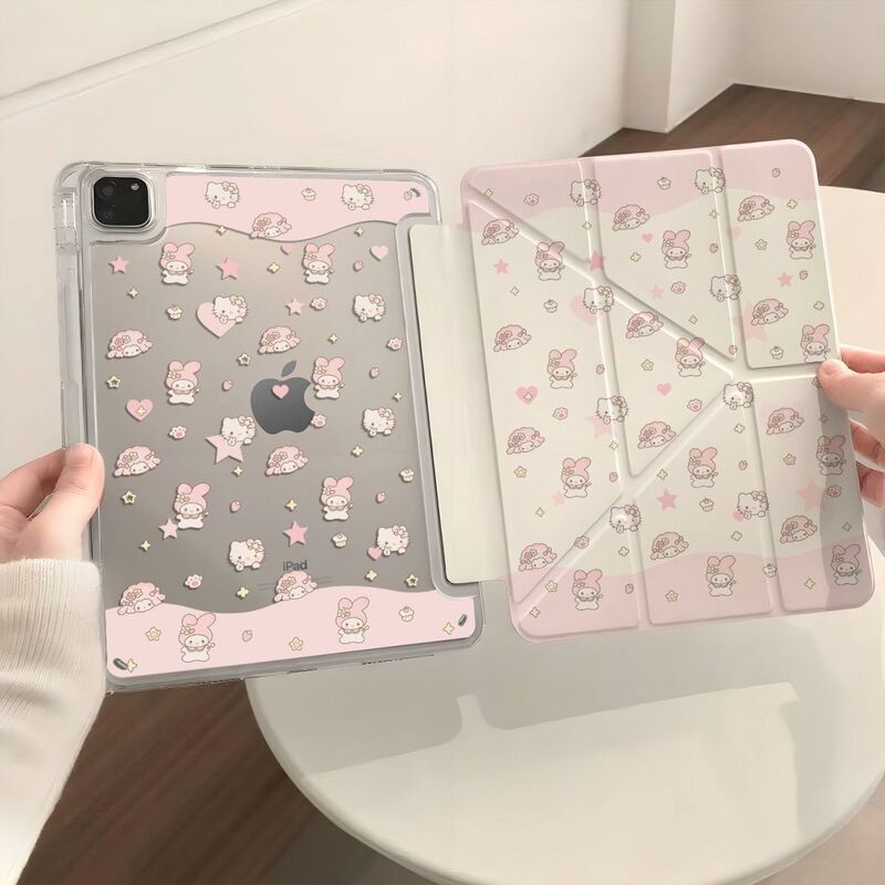 Pink My Melody iPad 11-Inch Tablet Protective Case with Pen Slot, Double-Sided 3Y Foldable, Anti-Collision, Anti-Drop, Pink Cute Hello Kitty iPad Protective Cover, Anti-Transparent, Lightweight iPad Case, ins Style Tablet Cover