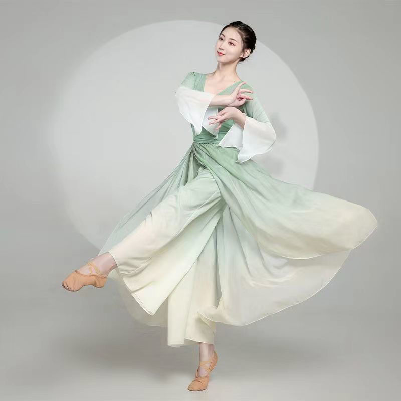 Spring Mountain Dance Costume Classical Chinese Dance Costume Chinese Style Slimming Gauze Outfit Gradient Light Green Pantskirt Spring Mountain Dance Costume Classical Chinese Dance Costume Chinese Style Slimming Gauze Outfit Gradient Light Green Pantskirt