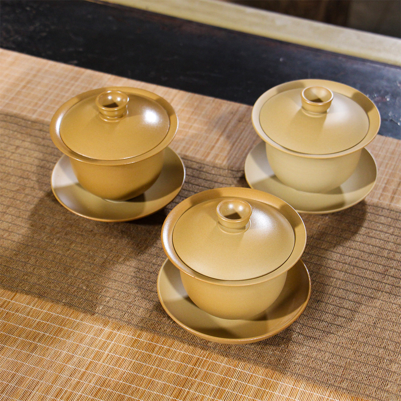 Yunnan Jianshui Purple Pottery Gaiwan, Kongye Culture, Fully Handmade Plain Ware, Wood-Fired Plain White Clay Gaiwan, Three-Talent Bowl