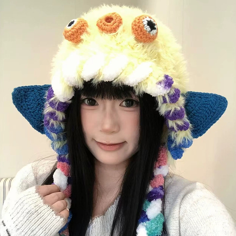 Cute Pufferfish Colorful Tassel Plush Knitted Hat for Women, Winter Warm Ear-Protecting Beanie Hat That Makes the Face Look Smaller Cute Pufferfish Colorful Tassel Plush Knitted Hat for Women, Winter Warm Ear-Protecting Beanie Hat That Makes the Face Look Smaller