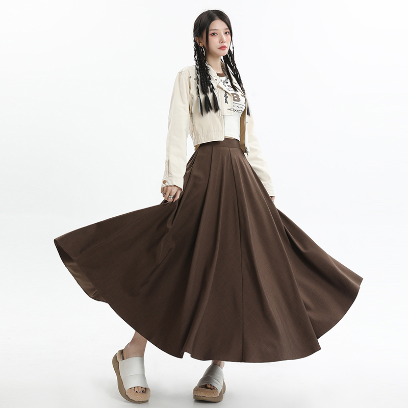 Yijin Daimella Brown Suit-Style Midi Skirt, Simple Autumn and Winter New High-Waisted Slimming Drapey Long Skirt