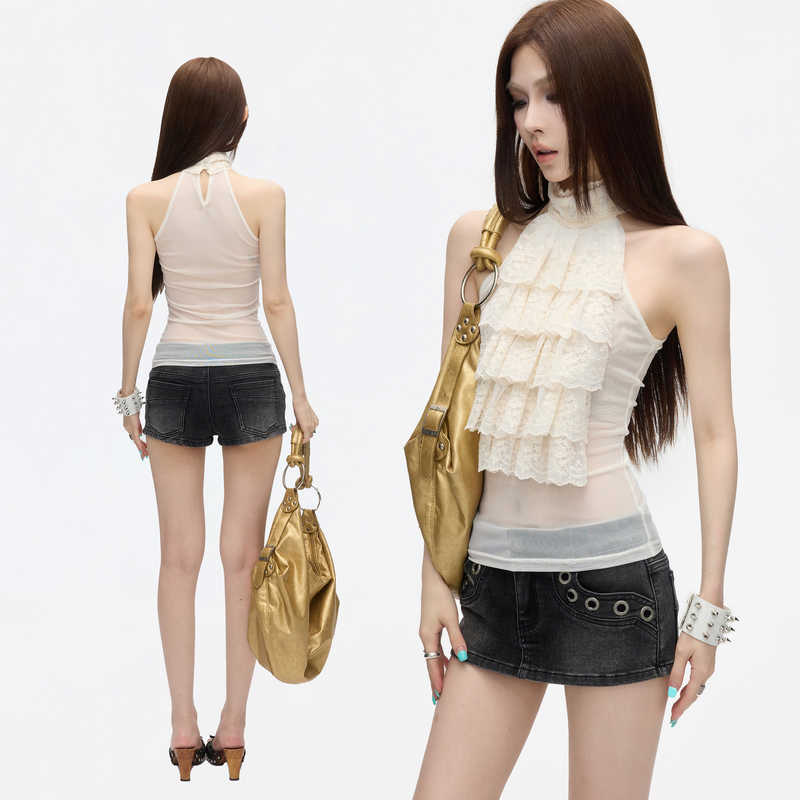 Common In0120 Vintage Court-Style Heavy Lace Ruffled Halter Neck Vest with Stand Collar, Slightly Sheer Sleeveless Top