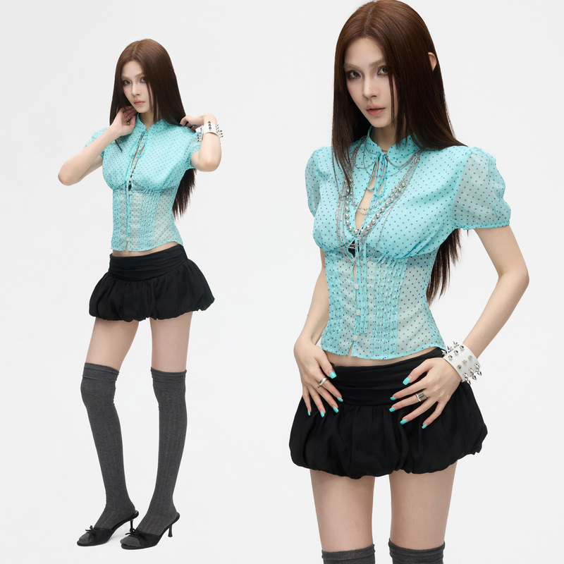 Common In0120 Tiffany Blue Polka Dot Tie-Up Stand Collar Shirt with Waist-Cinching Puff Short Sleeves and Accordion Pleats Top Common In0120 Tiffany Blue Polka Dot Tie-Up Stand Collar Shirt with Waist-Cinching Puff Short Sleeves and Accordion Pleats Top