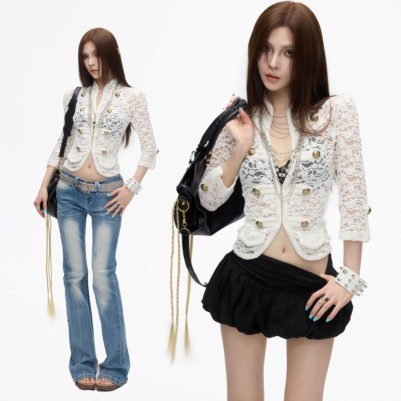 Commonin0120 Heavy-Duty Handmade Crochet Lace Napoleon Jacket with Embossed Gold Buttons, Waist-Cinching, Three-Quarter Sleeves Cardigan
