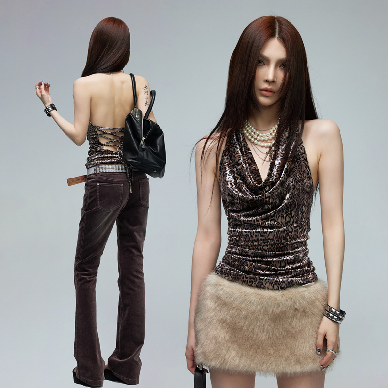 Common in 0120 Night Hunter Wild Leopard Print Sexy Halter Neck Backless Top Velvet Tie Halter Tank Top Common in 0120 Night Hunter Wild Leopard Print Sexy Halter Neck Backless Top Velvet Tie Halter Tank Top