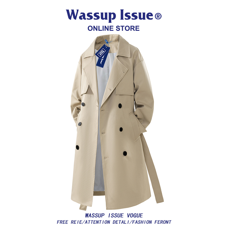 WASSUP ISSUE アメリカンスタイルミドル丈ウィンドブレーカージャケット メンズ 春秋 英国風ジャケット ラペルコート メンズ