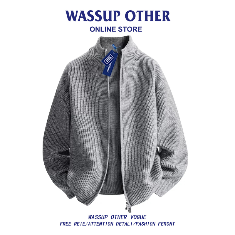 Wassup Other Old Money Style Heavy Double Zipper Knitted Cardigan Men's Spring and Autumn Lazy Style Sweater Jacket Men