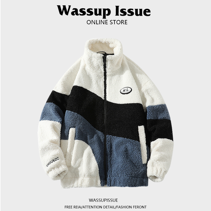 Wassup Issue Lamb Wool Coat Men's Winter Fleece-Lined Thickened Warm Cotton Jacket Lamb Wool Cotton Coat