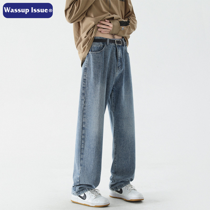 WASSUP ISSUE American retro straight cylinder jeans men's spring and autumn season tide cards loose broadlegged pants casual pants-Taobao