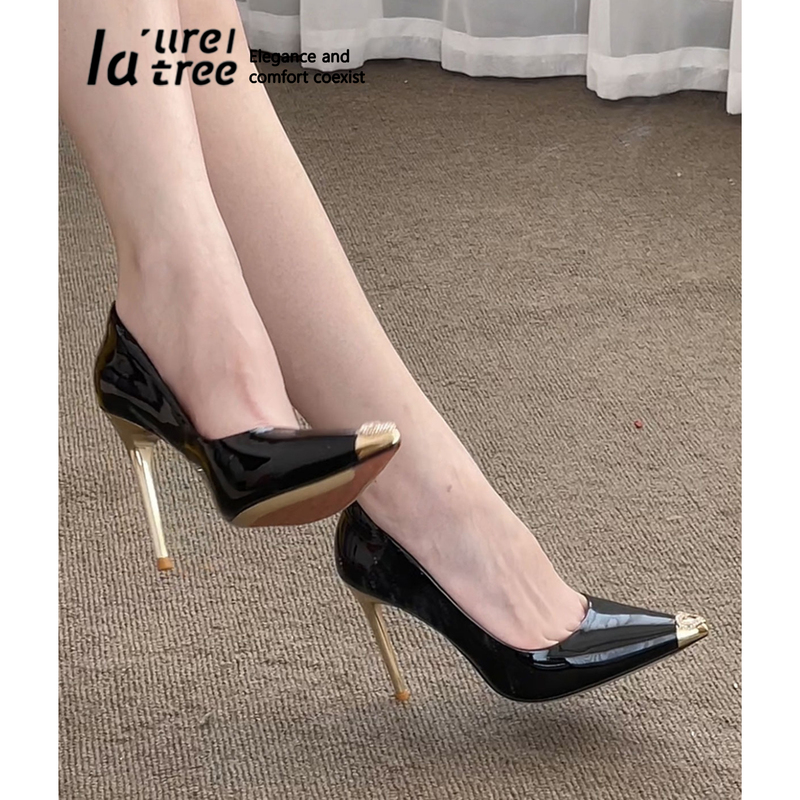 La'Ureltree Black Patent Leather Rhinestone High Heels Women's 2026 Early Spring New Metal Stiletto Sexy Shoes