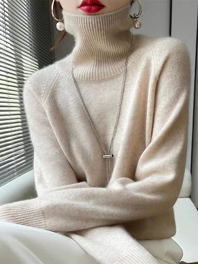 City of Ordos 100% pure cashmere sweatshirt female high collar knit loose sweater pure colour sleeve head slats undershirt autumn winter style-Taobao