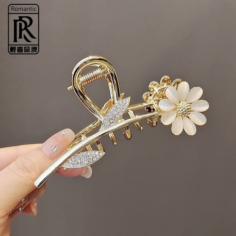 RR Simple and High Sense Flower Fashion Opal Sunflower Shark Clip Back of Head Gold-plated Plate Hair Clip Hair Accessories