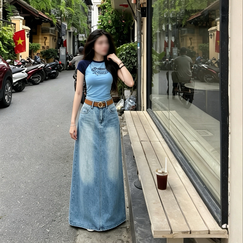 Tall 175cm Extra-Long Ankle-Length Straight Denim Skirt with High Waist, Hip-Covering, Drapey, Extended Floor-Length Skirt