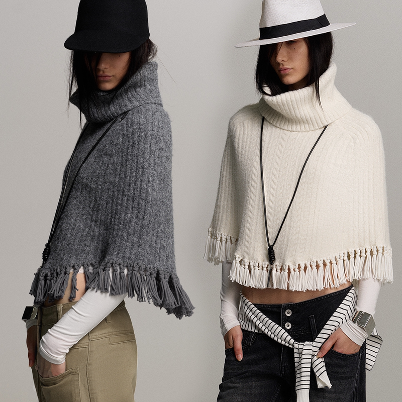 Sound of Trio*「Urban Language」High-Neck Wool Blend Handmade Tassel Cable Knit Cape Shawl